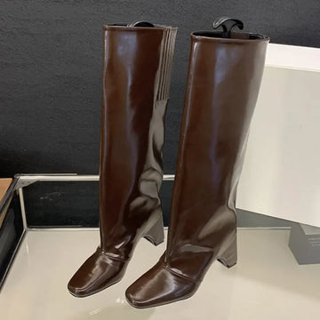 Xajzpa Winter Street Fashion Punk Style Knee-High Women Boots Designer Hollow Out Square High Heels Shoes Banquet Ladies Booties